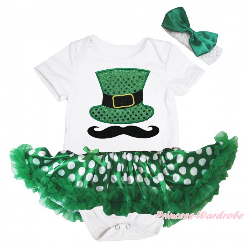St Patrick's Day White Baby Bodysuit Green White Dots Pettiskirt & Mustache Sparkle Kelly Green Hat Print JS5411