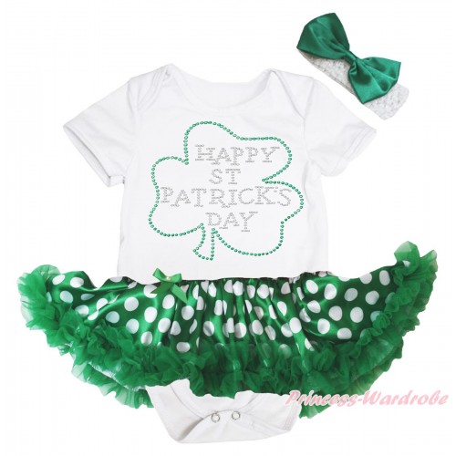 St Patrick's Day White Baby Bodysuit Green White Dots Pettiskirt & Sparkle Crystal Bling Rhinestone Clover Print JS5414