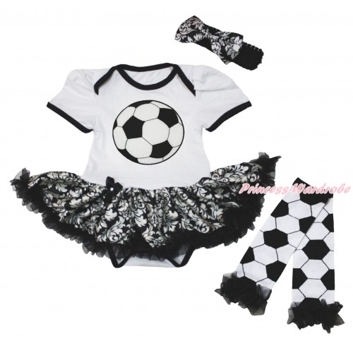 White Baby Bodysuit Jumpsuit Damask Pettiskirt & Football Print & Warmers Leggings JS5415