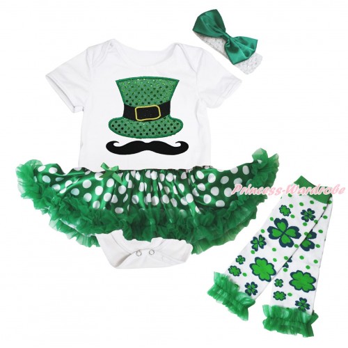 St Patrick's Day White Baby Bodysuit Green White Dots Pettiskirt & Mustache Sparkle Kelly Green Hat Print & Warmers Leggings JS5416