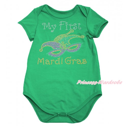 Mardi Gras Kelly Green Baby Jumpsuit & Sparkle Rhinestone My First Mardi Gras Clown Mask Print TH643