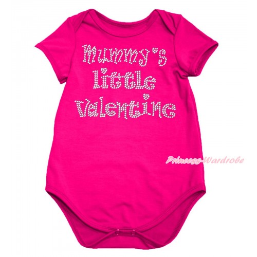 Valentine's Day Hot Pink Baby Jumpsuit & Sparkle Rhinestone Mummy's Little Valentine Print TH696