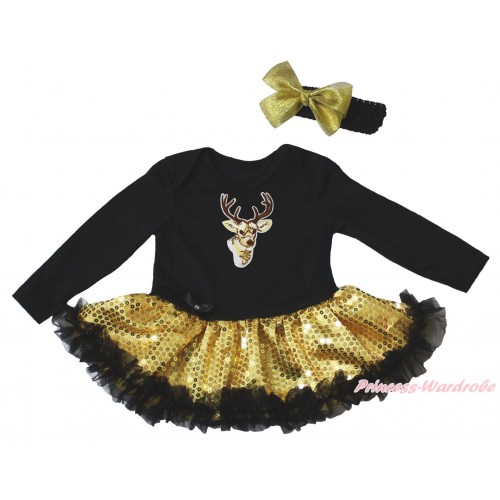 Christmas Black Long Sleeve Bodysuit Bling Gold Sequins Black Pettiskirt & Yellow Reindeer Print JS4944