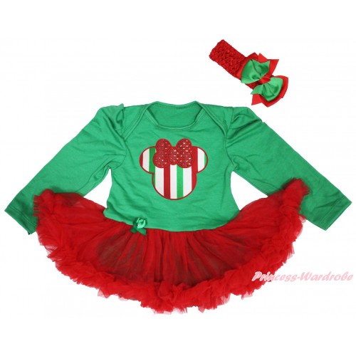 Christmas Kelly Green Long Sleeve Bodysuit Red Pettiskirt & Red White Green Striped Minnie Print JS4950
