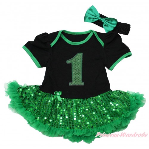 Black Baby Bodysuit Bling Kelly Green Sequins Pettiskirt & 1st Sparkle Kelly Green Birthday Number Print JS4374