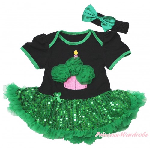 Black Baby Bodysuit Bling Kelly Green Sequins Pettiskirt & Kelly Green Rosettes Birthday Cake Print JS4381