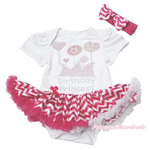 White Baby Bodysuit Hot Pink White Chevron Pettiskirt & Sparkle Rhinestone Birthday Princess Print JS4388
