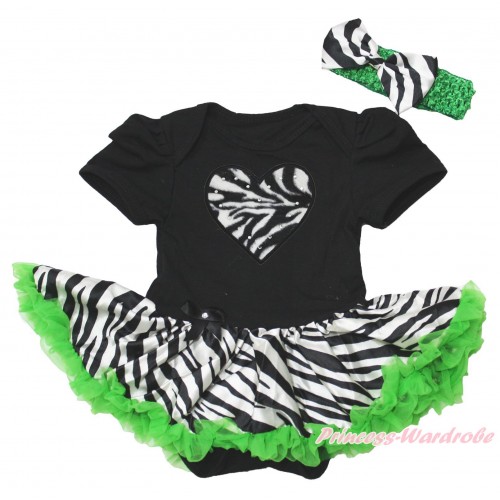 Valentine's Day Black Baby Bodysuit Zebra Dark Green Pettiskirt & Zebra Heart Print JS4390