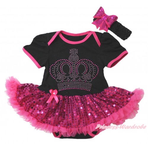 Black Baby Bodysuit Bling Hot Pink Sequins Pettiskirt & Sparkle Rhinestone Crown Print JS4402