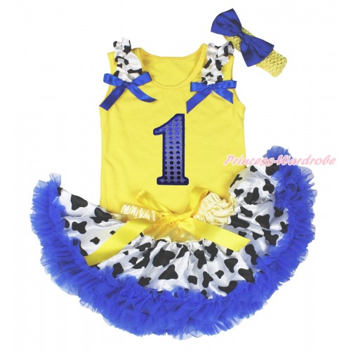 Yellow Baby Pettitop Milk Cow Ruffles Royal Blue Bows & 1st Sparkle Royal Blue Birthday Number Print & Royal Blue Milk Cow Newborn Pettiskirt BG196
