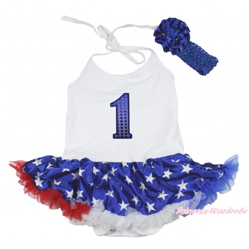 White Baby Halter Jumpsuit Patriotic American Star Pettiskirt & 1st Sparkle Royal Blue Birthday Number Print JS4405