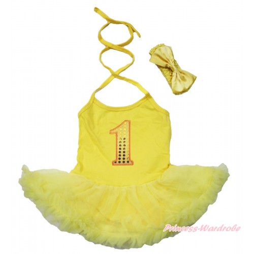 Yellow Baby Halter Jumpsuit Pettiskirt & 1st Sparkle Yellow Birthday Number Print JS4406