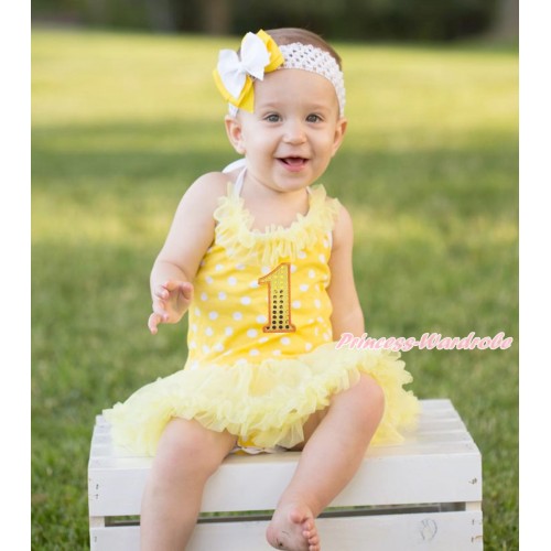 Yellow White Dots Baby Halter Jumpsuit Yellow Pettiskirt & Yellow Chiffon Lacing & 1st Sparkle Yellow Birthday Number Print JS4408