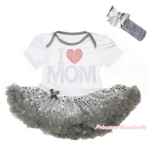 White Baby Bodysuit Bling Grey Sequins Pettiskirt & Sparkle Rhinestone I Love Mom Print JS4420