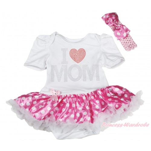 White Baby Bodysuit Hot Pink White Dots Pettiskirt & Sparkle Rhinestone I Love Mom Print JS4422