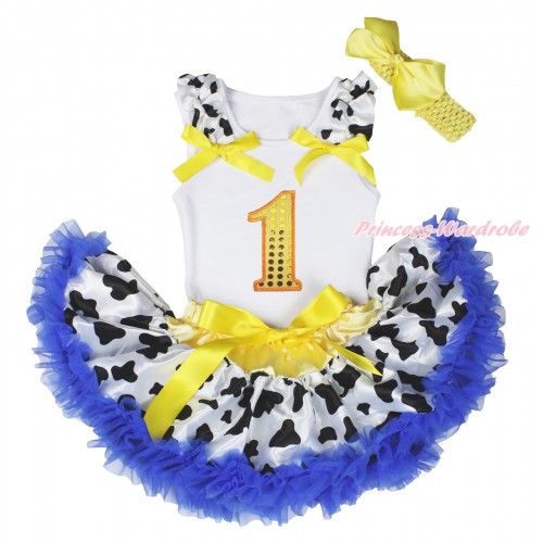 White Baby Pettitop Milk Cow Ruffles Yellow Bows & 1st Sparkle Yellow Birthday Number & Royal Blue Milk Cow Newborn Pettiskirt NN255