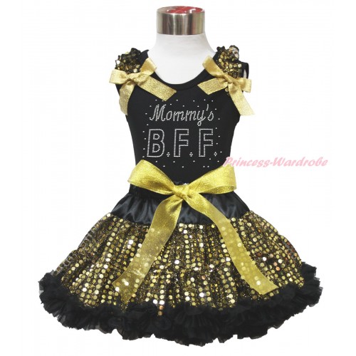 Black Tank Top Gold Sequins Ruffles Sparkle Gold Bows & Sparkle Rhinestone Mommy's BFF Print & Black Gold Bling Sequins Pettiskirt MG1524