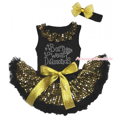 Black Baby Pettitop Gold Sequins Lacing & Sparkle Rhinestone Born To Wear Diamonds Print & Black Gold Bling Sequins Newborn Pettiskirt NG1655
