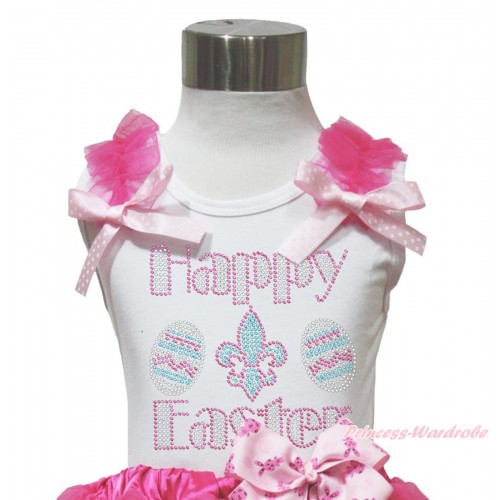 Easter White Tank Top Hot Pink Ruffles Ligth Pink White Dots Bow & Sparkle Rhinestone Happy Easter Print TB1071