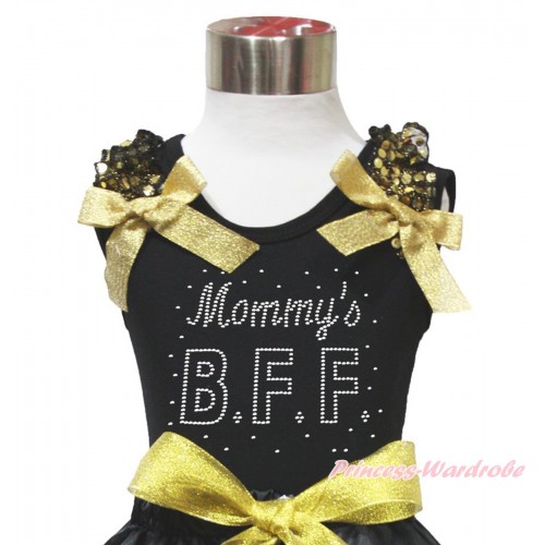 Black Tank Top Gold Sequins Ruffles Sparkle Gold Bow & Sparkle Rhinestone Mommy's BFF Print TB1077