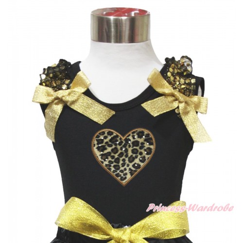 Valentine's Day Black Tank Top Gold Sequins Ruffles Sparkle Gold Bow & Leopard Heart Print TB1080