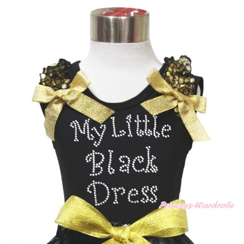 Black Tank Top Gold Sequins Ruffles Sparkle Gold Bow & Sparkle Rhinestone My Little Black Dress Print TB1081