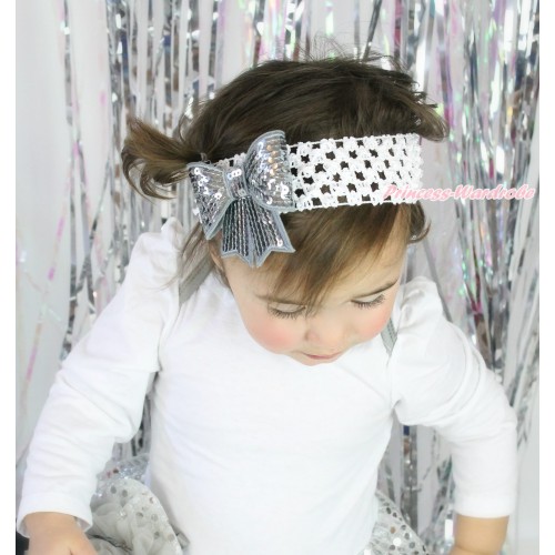 White Headband Sparkle Grey Bling Sequins Bow Hair Clip H1007
