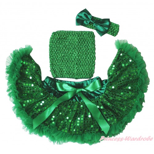 Kelly Green Sparkle Bling Sequins Baby Pettiskirt, Kelly Green Crochet Tube Top, Kelly Green Headband Satin Bow 3PC Set CT691