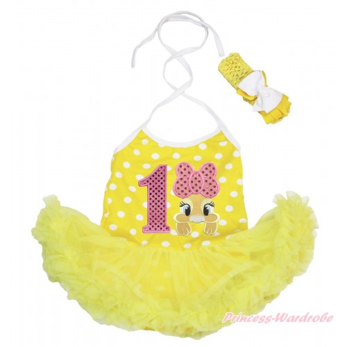 Easter Yellow White Dots Baby Halter Jumpsuit Yellow Pettiskirt & 1st Sparkle Light Pink Birthday Number Pink Bow Bunny Rabbit Print JS4339