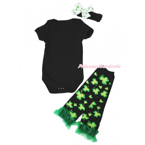 St Patrick's Day Black Baby Jumpsuit & Black Headband Clover Silk Bow & Kelly Green Ruffles Clover Black Leg Warmer Set TH554