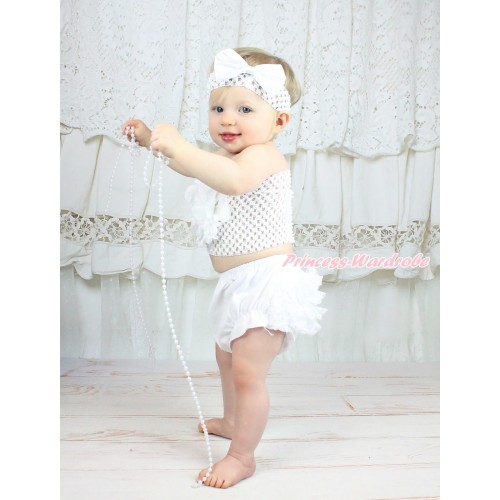 White Lace Panties Bloomers & White Peony Crochet Tube Top & Headband Satin Bow 3PC Set CT692