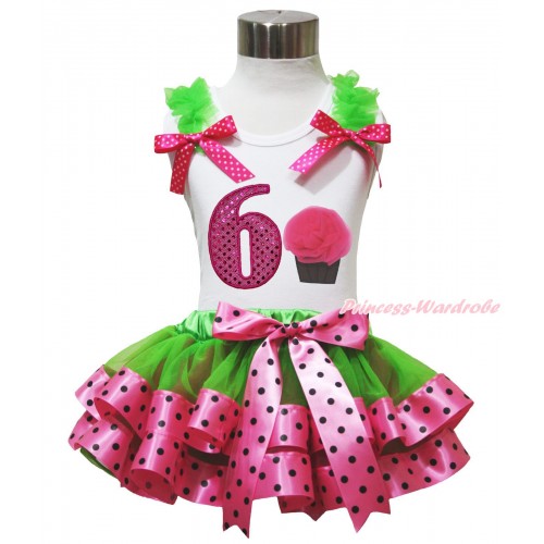 White Tank Top Dark Green Ruffles Hot Pink White Dots Bows & 6th Sparkle Hot Pink Birthday Number & Rosettes Cupcake & Dark Green Hot Pink Black Dots Trimmed Pettiskirt MG1515
