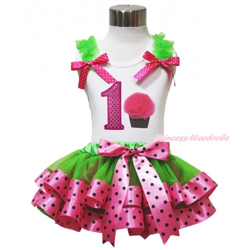 White Tank Top Dark Green Ruffles Hot Pink White Dots Bows & 1st Sparkle Hot Pink Birthday Number Rosettes Cupcake & Dark Green Hot Pink Black Dots Trimmed Pettiskirt MG1561