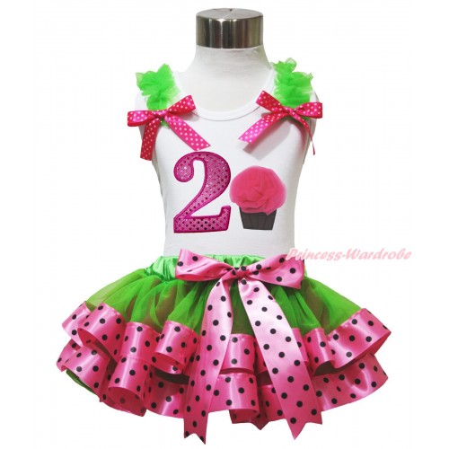 White Tank Top Dark Green Ruffles Hot Pink White Dots Bows & 2nd Sparkle Hot Pink Birthday Number Rosettes Cupcake & Dark Green Hot Pink Black Dots Trimmed Pettiskirt MG1562