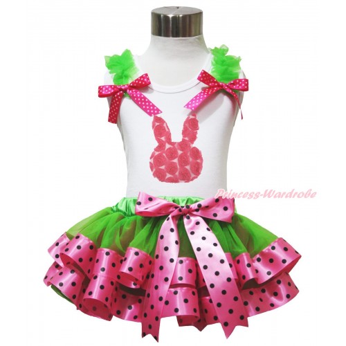 Easter White Baby Pettitop Dark Green Ruffles Hot Pink White Dots Bows & Hot PInk Rosettes Rabbit & Dark Green Hot Pink Black Dots Trimmed Newborn Pettiskirt NN287