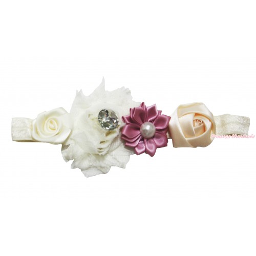 Cream White Headband & Cream White Pearl Rosettes Flower H1016
