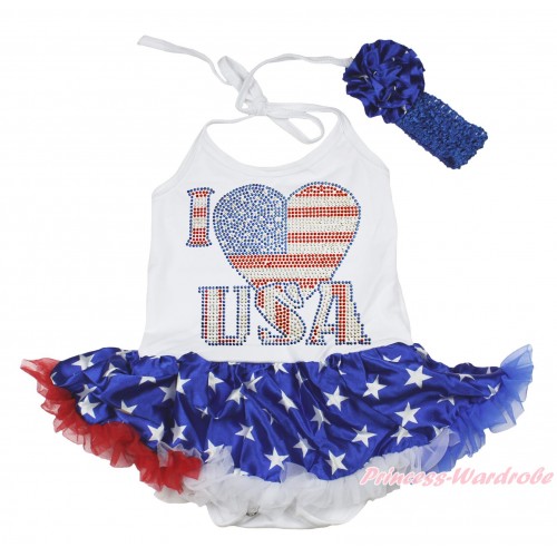 American's Birthday White Baby Halter Jumpsuit Patriotic American Star Pettiskirt & Rhinestone I Love USA Print JS4455