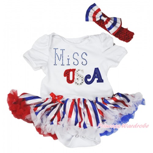 American's Birthday White Baby Bodysuit Red White Blue Striped Pettiskirt & Sparkle Rhinestone Miss USA JS4463
