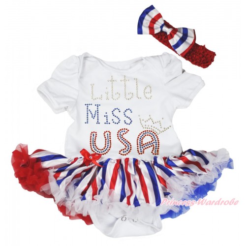 American's Birthday White Baby Bodysuit Red White Royal Blue Striped Pettiskirt & Sparkle Rhinestone Little Miss USA JS4464
