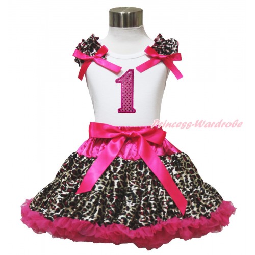 White Tank Top Hot Pink Leopard Ruffles Hot Pink Bows & 1st Sparkle Hot Pink Birthday Number Print & Hot Pink Leopard Pettiskirt MG1580