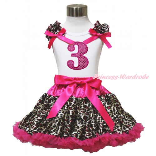 White Tank Top Hot Pink Leopard Ruffles Hot Pink Bows & 3rd Sparkle Hot Pink Birthday Number Print & Hot Pink Leopard Pettiskirt MG1582