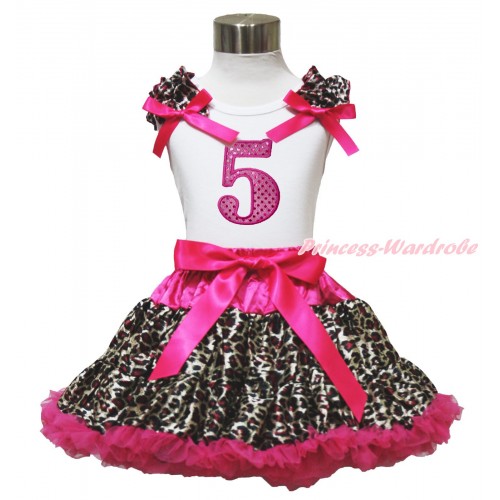 White Tank Top Hot Pink Leopard Ruffles Hot Pink Bows & 5th Sparkle Hot Pink Birthday Number Print & Hot Pink Leopard Pettiskirt MG1584