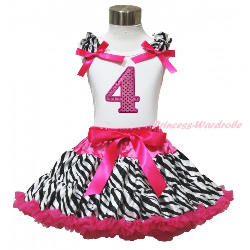 White Tank Top Zebra Ruffles Hot Pink Bows & 4th Sparkle Hot Pink Birthday Number Print & Hot Pink Zebra Pettiskirt MG1594