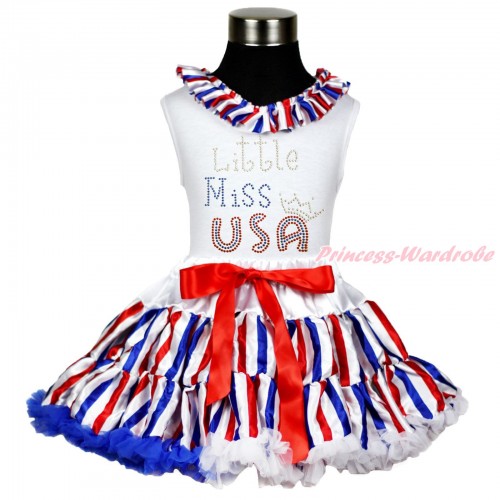 American's Birthday White Tank Top Red White Blue Striped Lacing & Sparkle Rhinestone Little Miss USA Print & Red White Blue Striped Pettiskirt MG1600