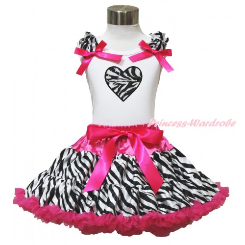 Zebra Heart Print White Tank Top With Zebra Ruffles & Hot Pink Bows with Hot Pink Zebra Pettiskirt MM105 