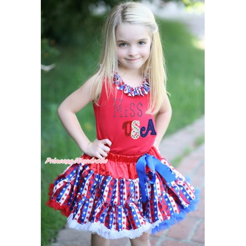American's Birthday Red Baby Pettitop Red White Blue Striped Star Lacing & Sparkle Rhinestone Miss USA Print & Red White Blue Striped Star Newborn Pettiskirt NG1679