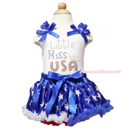 American's Birthday White Baby Pettitop Patriotic American Star Ruffles Royal Blue Bows & Sparkle Rhinestone Little Miss USA & Patriotic American Star Newborn Pettiskirt NN291