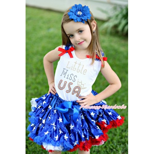 American's Birthday White Baby Pettitop Patriotic American Star Ruffles Red Bows & Sparkle Rhinestone Little Miss USA & Patriotic American Star Newborn Pettiskirt NN294