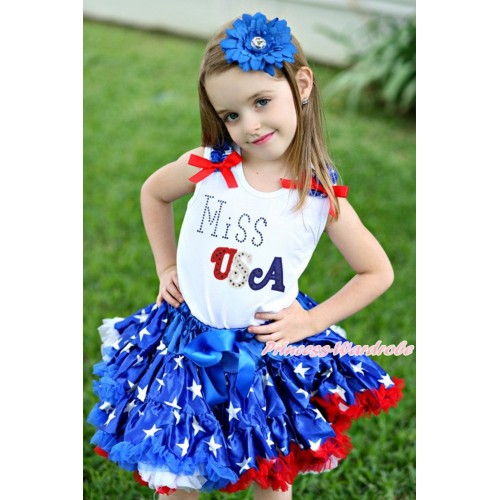 American's Birthday White Baby Pettitop Patriotic American Star Ruffles Red Bows & Sparkle Rhinestone Miss USA & Patriotic American Star Newborn Pettiskirt NN295