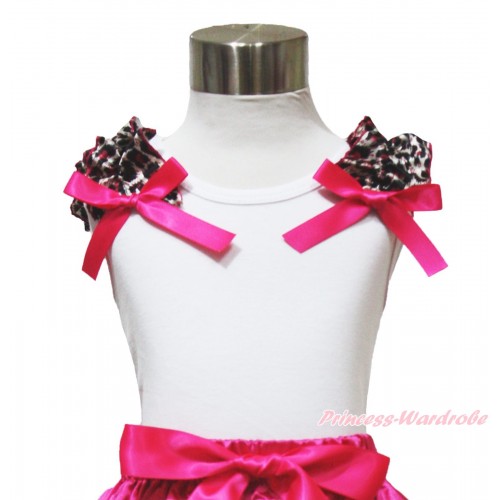 White Tank Top with Hot Pink Ribbon and Hot Pink Leopard ruffles T301 